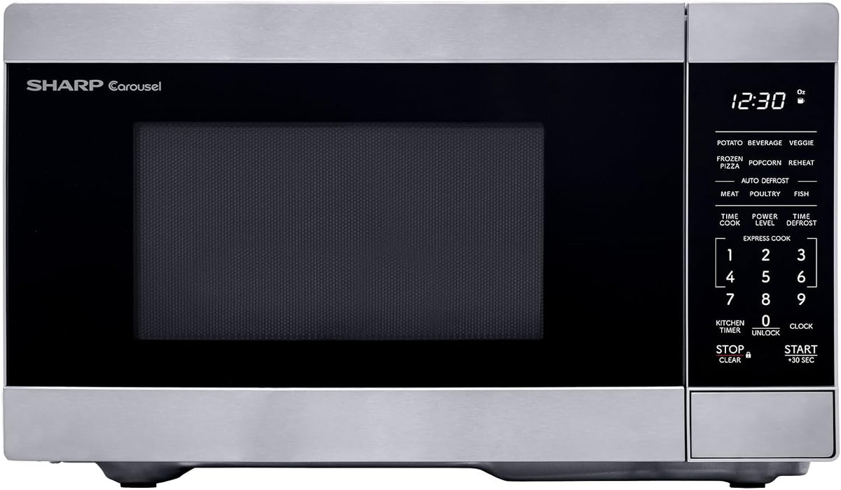 Four micro-ondes, 25, 4 cm, éclairage LED, acier inoxydable, Sharp, 700 W, 10 niveaux, 2 niveaux, 0, 7 pieds cubes, minuterie, verre