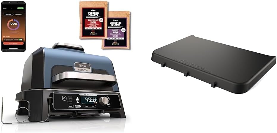 Fumoir, Contrôle via App & cuisson au feu de bois Table d'appoint, support pour barbecue, réglable, 20kg, NINJA, 7 FONCTIONS, fonction gril