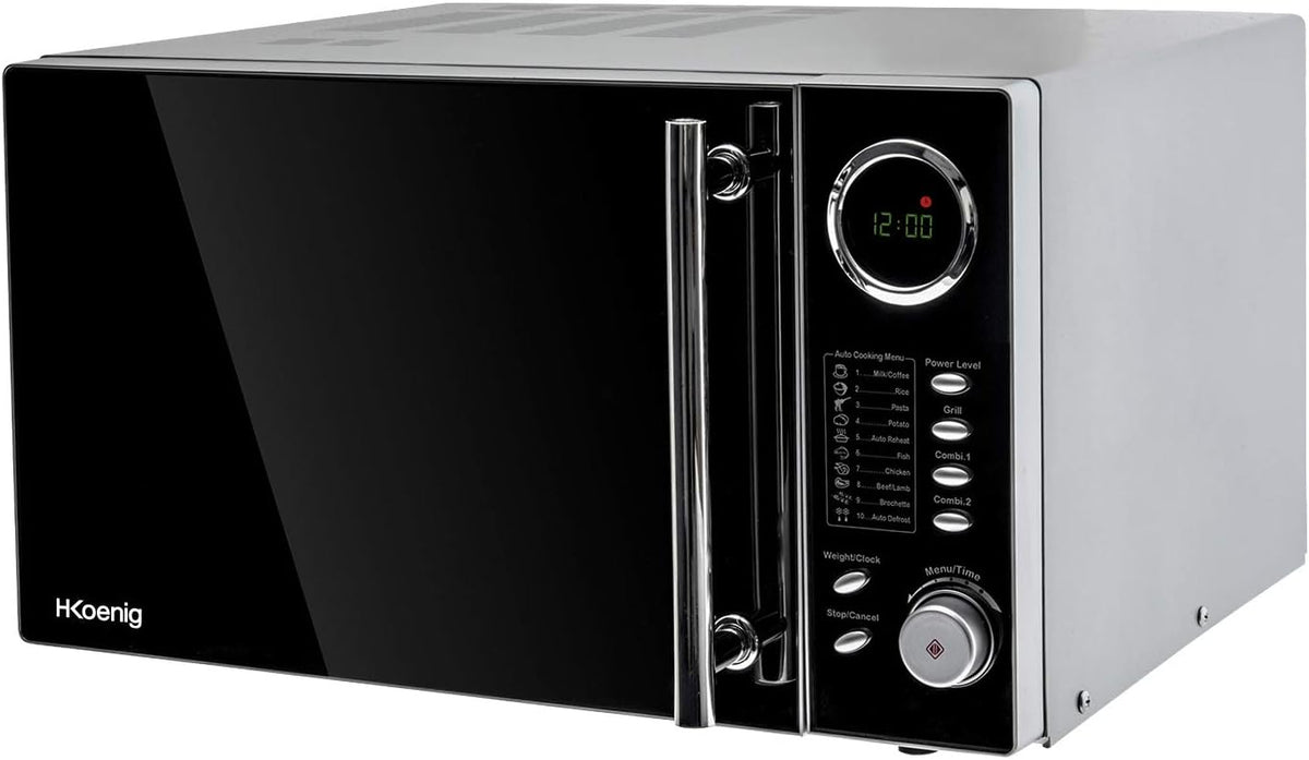 Four micro-ondes, acier inoxydable, 10 modes, H.Koenig, 25 L, 27 cm, 900 W, 1000 W, 6 niveaux, 10 modes de cuisson, VIO9 30min, 25L, 1000W, 27cm