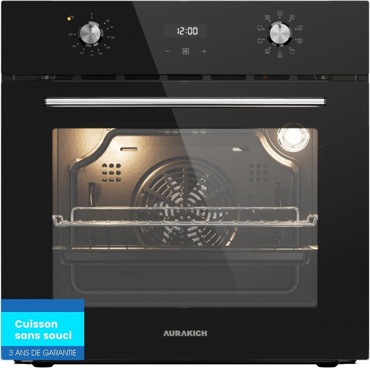 Four encastrable, 60 cm, AURAKICH, 70 L, 8 modes, capacité 70 L, noir, minuterie, chaleur tournante, fonction gril
