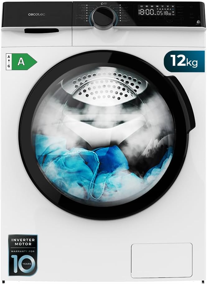 Lave-linge Cecotec, réglable, 2000 W, 1400 tr/min, 12 kg, 1400 tr/min Réglables au maximum, 14 Programmes, 65 °C, moteur Inverter