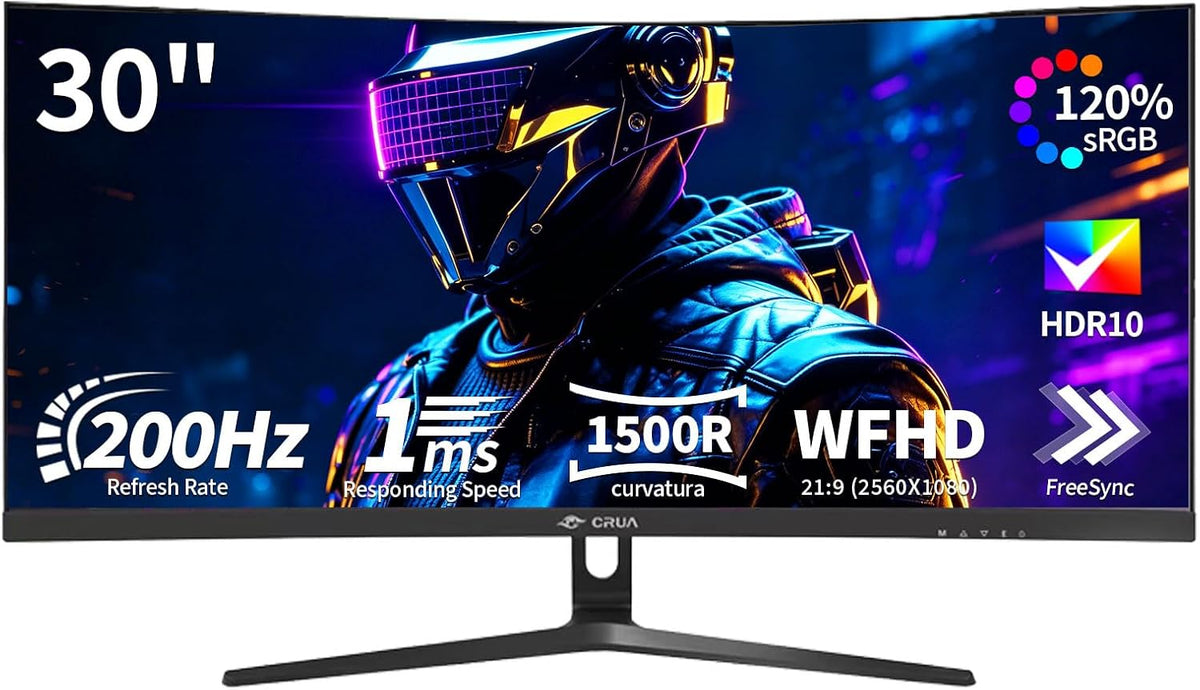 CRUA Moniteur PC, 30 Pouces, Écran Gaming Incurvé 30 Pouces 200Hz, 1500R, 100 × 100mm, 120Hz, 3.5mm, FreeSync 1ms, 99% sRGB