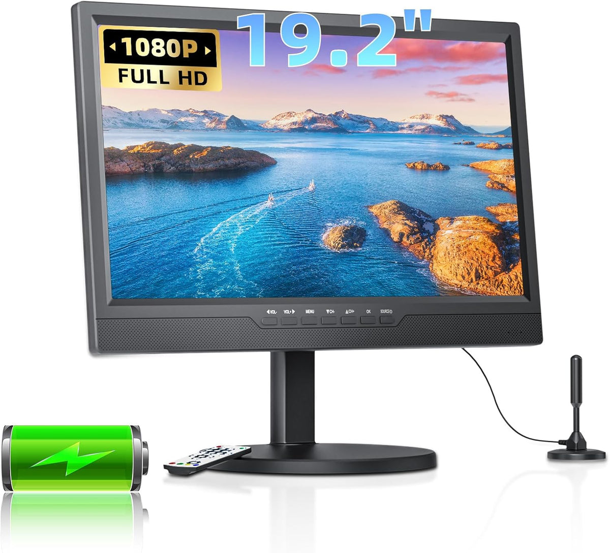 Desobry Téléviseur, télécommande, 19.2 pouces, 8000mAh, réglable, portable
