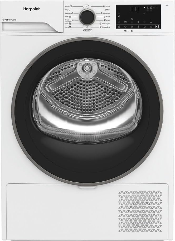 Sèche-linge, moteur Inverter, 64 dB, Hotpoint, 8 kg, 60, 7 cm, 110 L, Capacité 8 kg, Silencieux 64 dB, CHD84MWBSEE, 15 programmes, Blanc, minuterie