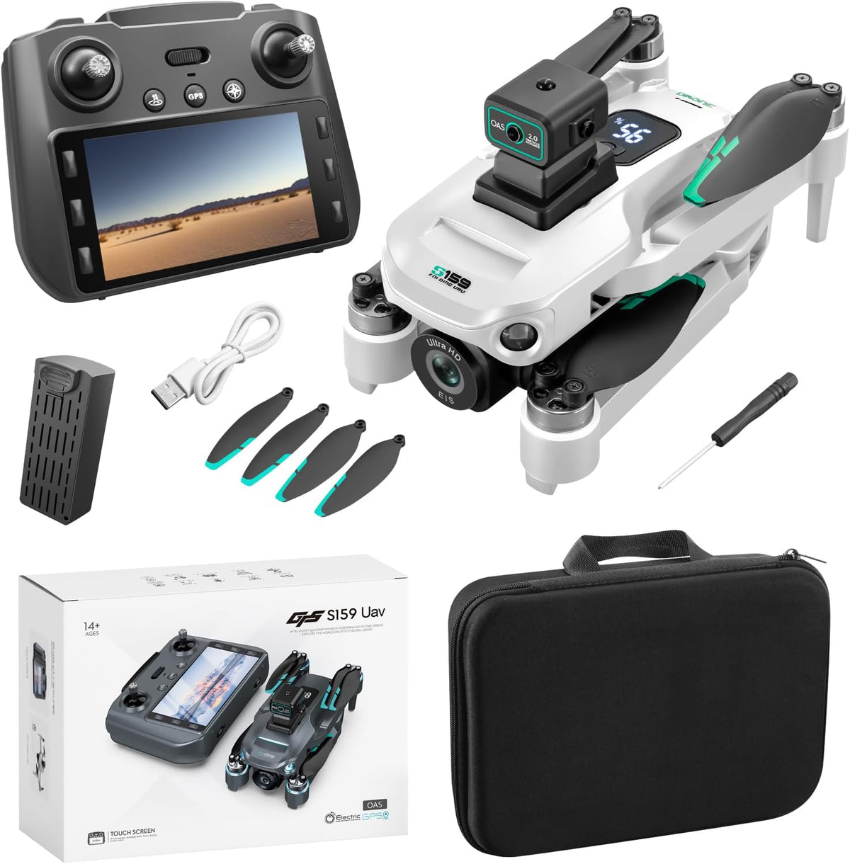 Generic S159 Drone GPS 5G avec écran intégré, double caméra, stabilisation EIS et évitement d'obstacles, blanc