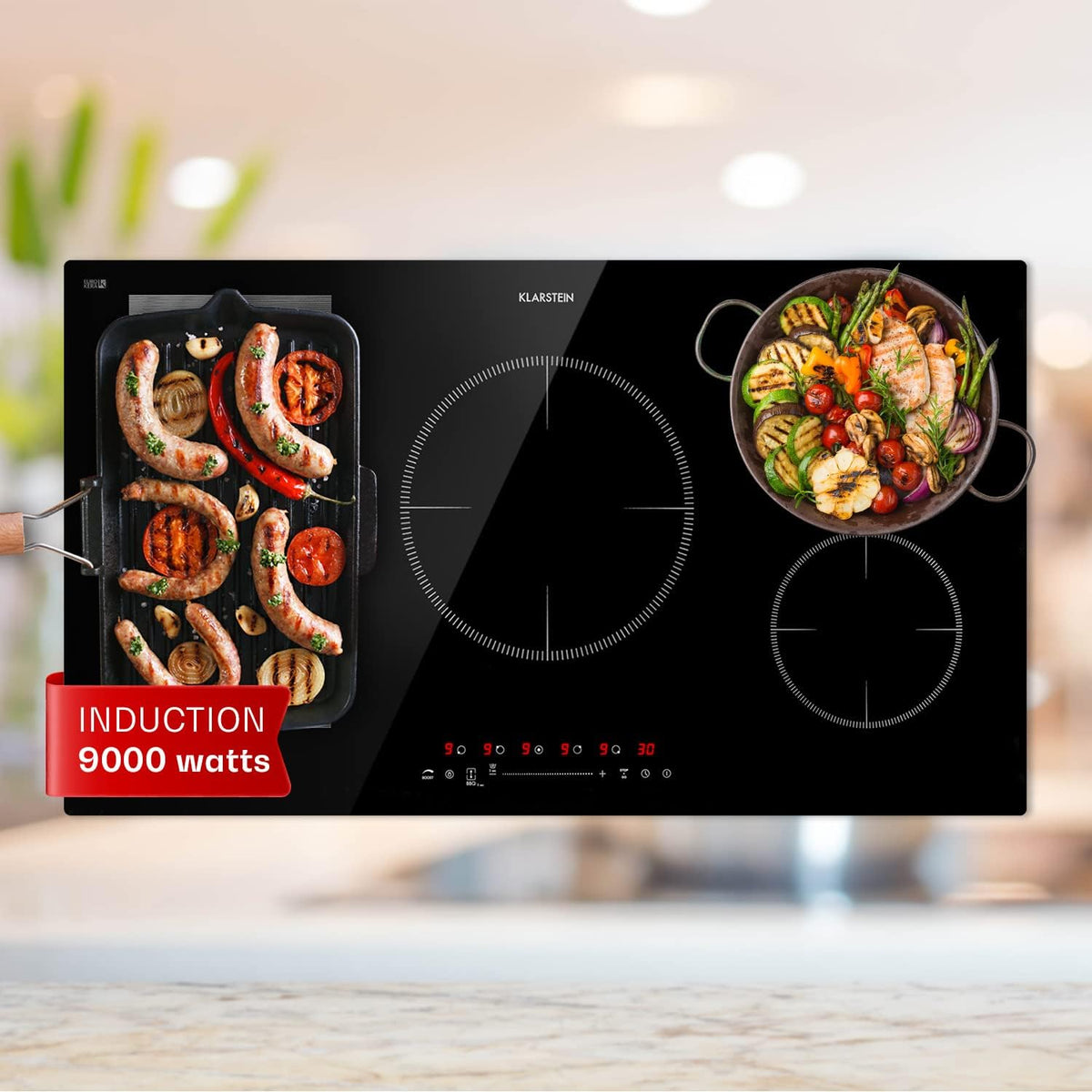 KLARSTEIN Plaque de cuisson, 9000W, Rechaud Electrique pour la Cuisine, 2 zones, Plaque Induction 9000W, Encastrées 5 Feux
