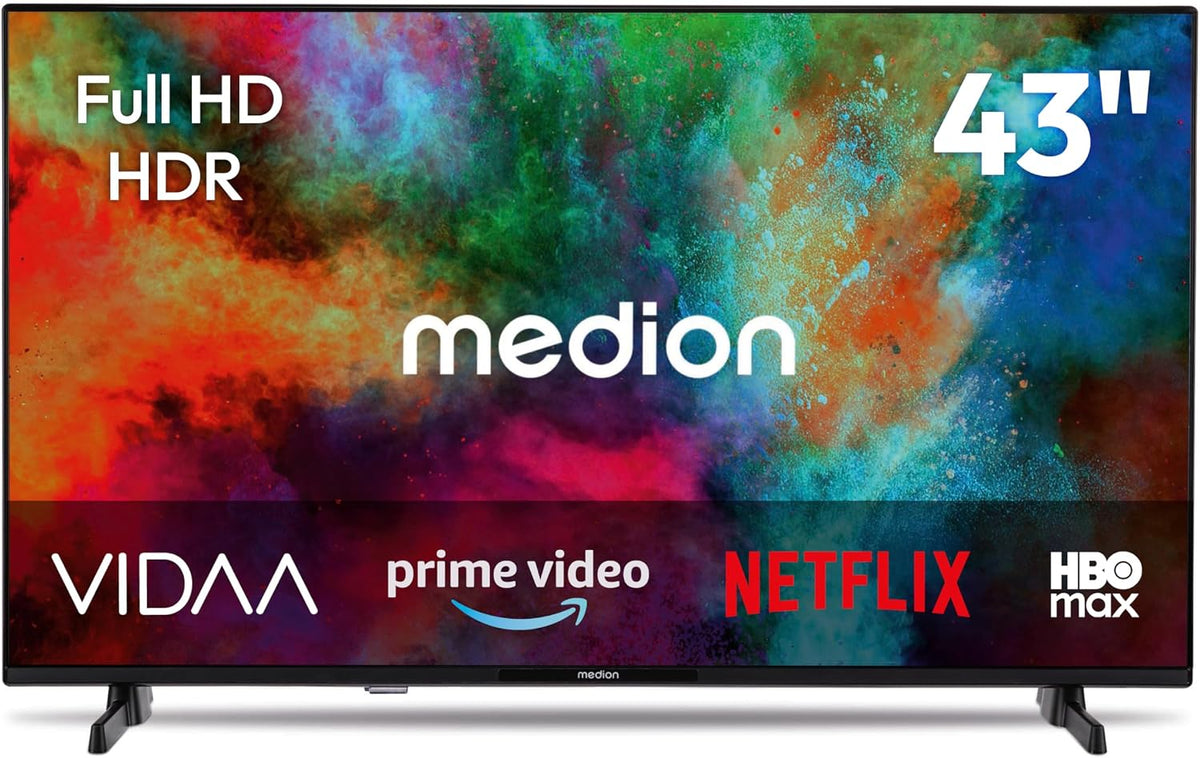 MEDION Téléviseur, 43 Pouces, télécommande, 108 cm, TV 43 Pouces Full HD, Bluetooth, Wi-Fi, HDR, VIDAA Store, Prime Video, Disney+, DAZN, HbbTV