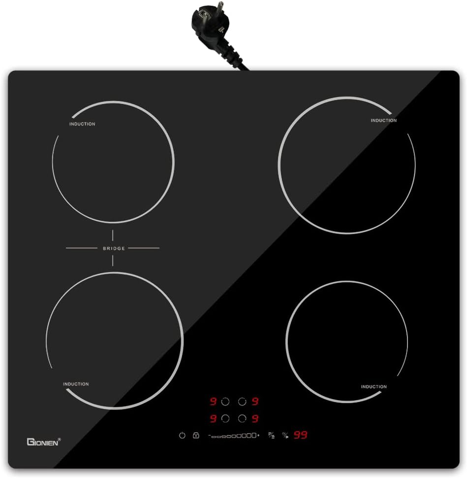 GIONIEN 16Amp Plaque de cuisson, Table de cuisson électrique intégrée avec zone de pont, 60cm, 2800W, 4 Foyers, encastrable