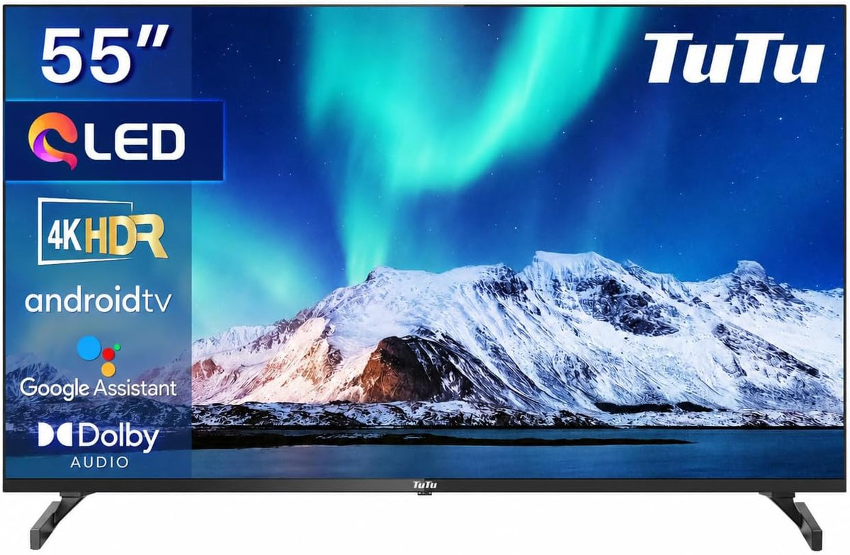 Téléviseur TuTu TUQ55UN1, Wi-Fi, 55 Pouces, 139 cm, 300 × 400 mm, 4K UHD, DVB-T/T2, DVB-S/S2, Bluetooth, QLED, Android TV, portable, App Store