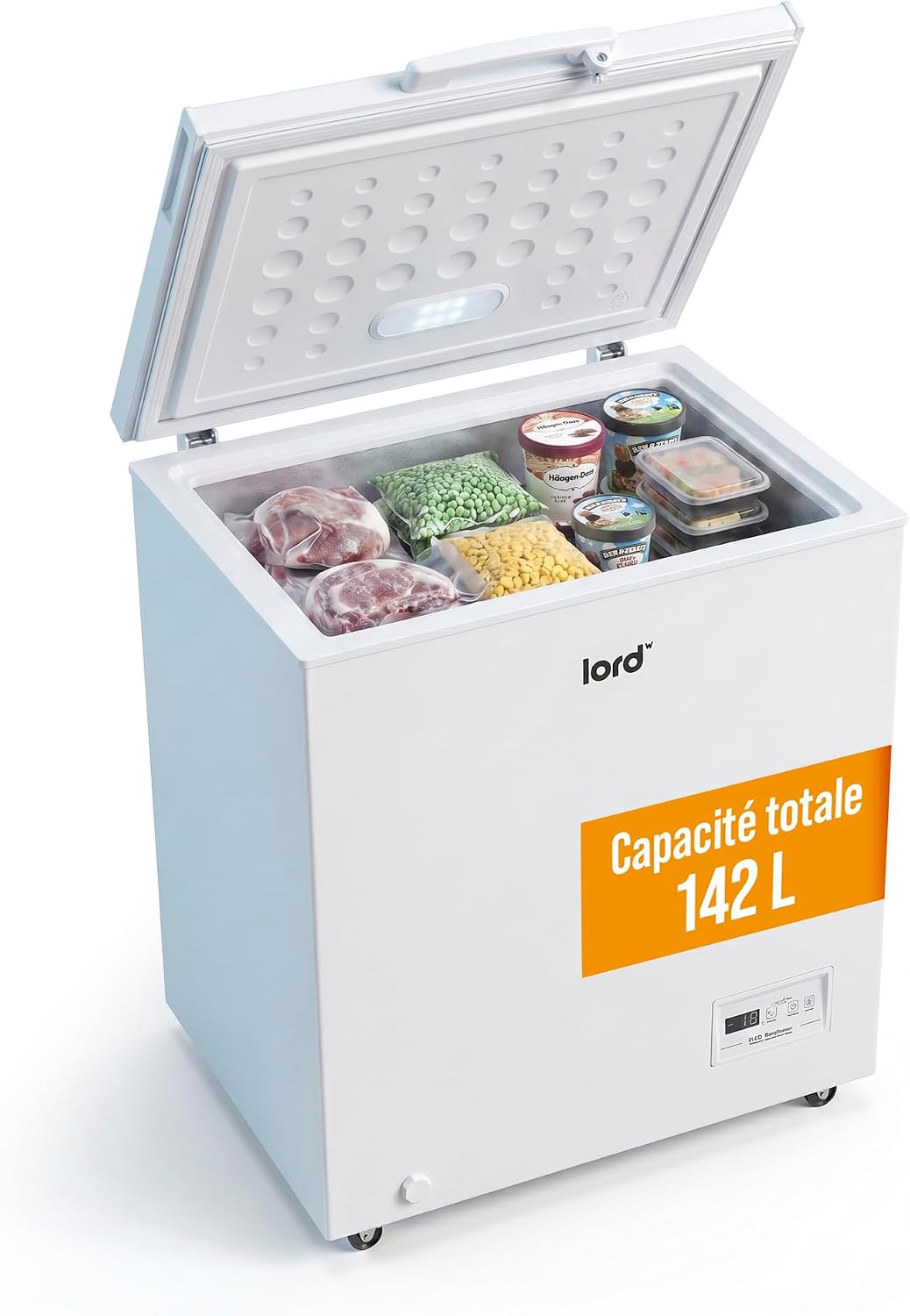 Congélateur Lord, éclairage LED, 142 L, 40 dB, 7 kg, 7 kg/24h, 15°C, 1 panier, FrostProtect -15°C, moteur Inverter, classe énergétique E, serrure