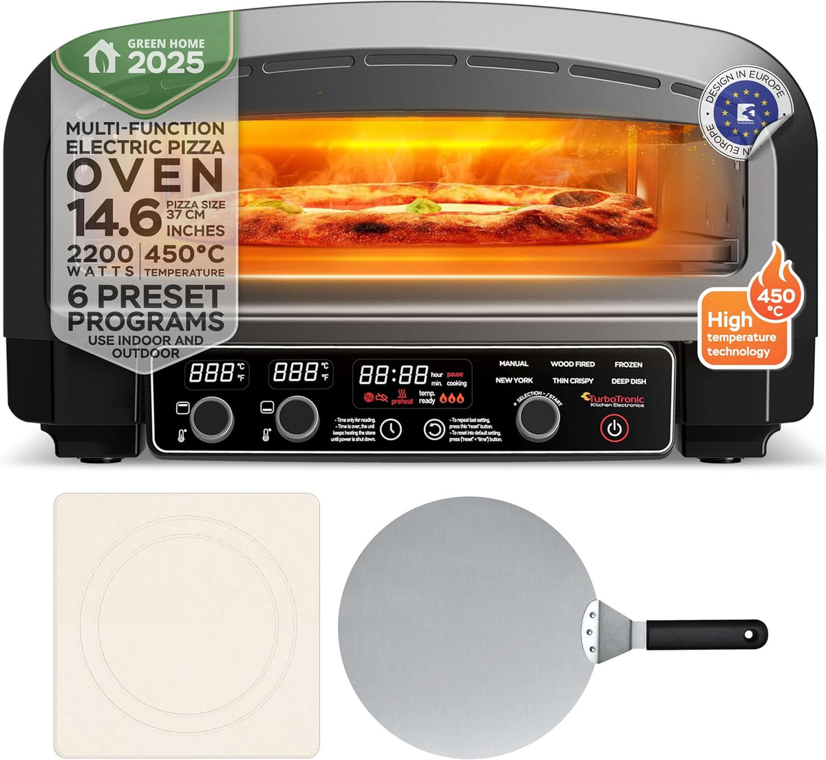 Four à pizza, 37 cm, Utilisation intérieur/extérieur, TurboTronic By Z-LINE, 450°C, 2200W, 6 programmes, 14.6', portable, jardin