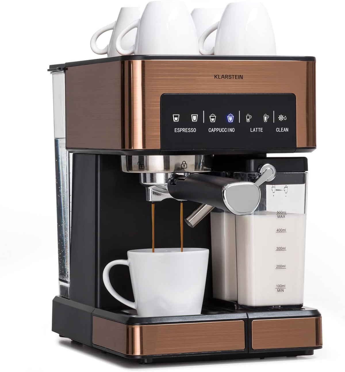 Machine expresso à vapeur KLARSTEIN, Petite Cafetière Electrique avec Mousseur de Lait, 0, 5 L, en Acier Inoxydable 1350W pour Café Moulu