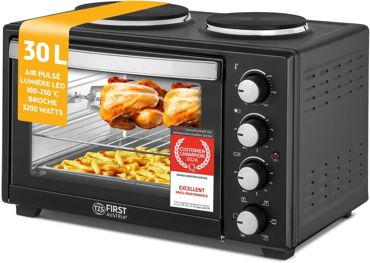 Four à pizza, acier inoxydable, Mini-Four avec plaques de cuisson 30L 3200 W, TZS First Austria, 6 modes, 10 L, 230°C, 3200W