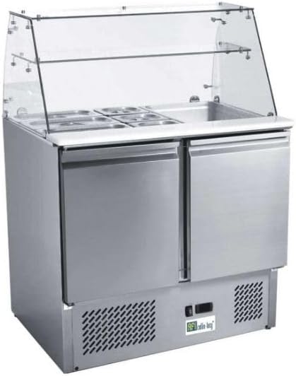 Réfrigérateur MATERIEL CHR PRO, réglable, 900 × 700 × 850 mm, Saladette Réfrigérée Professionnelle 2 Portes Couvercle Vitré Inox, 180 W