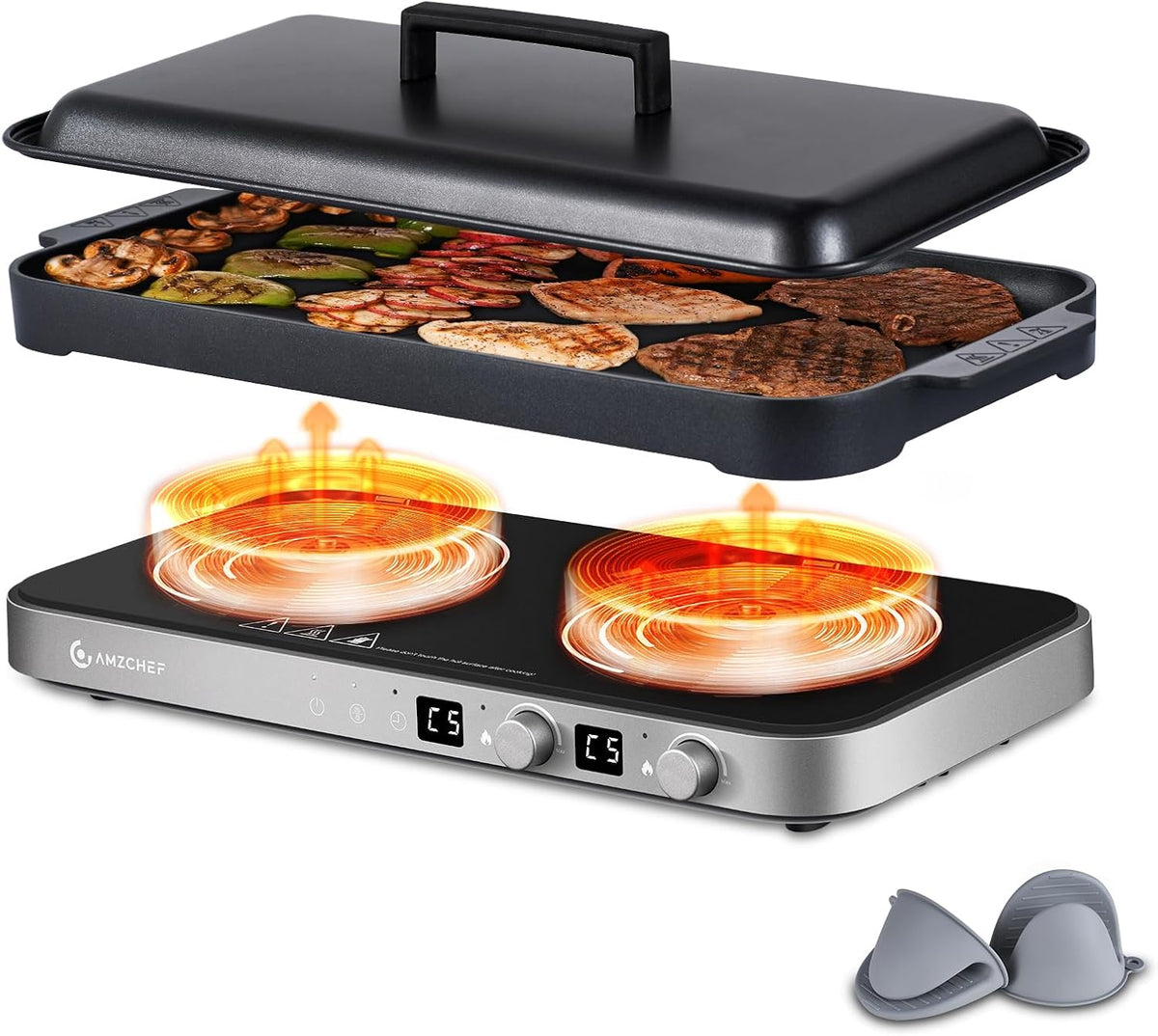 AMZCHEF Plaque à induction double portable 1800 W avec plancha amovible, 9 niveaux, commande tactile et bouton, grise