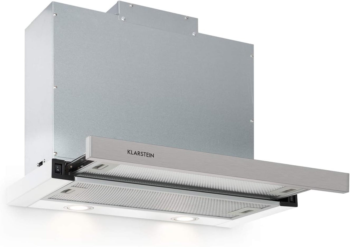 KLARSTEIN Hotte aspirante, 60 cm, éclairage LED, 500 m3/h, 2 filtres à graisse, Blanc, Mariana, Rétractable, Evacuation d'air, Bouton souple