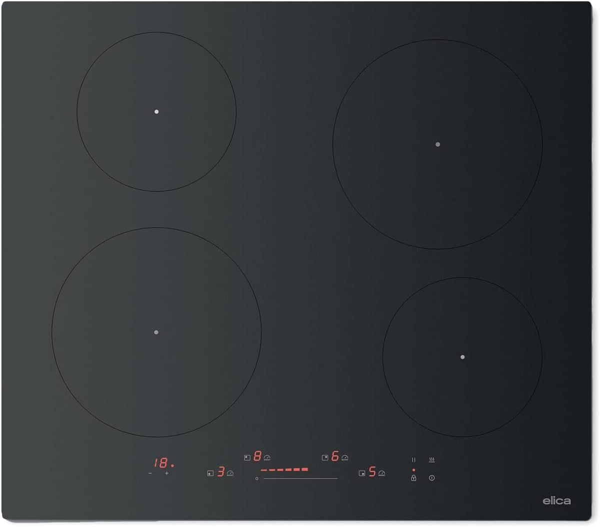 Plaque de cuisson Elica, 61 × 590 × 520 mm, verre, 560 × 490 mm, 59 cm, 180 mm, 210 mm, 160 mm, 9 niveaux, 2, 8 kW, 7, 2 kW, 2, 0 kW, 1, 6 kW