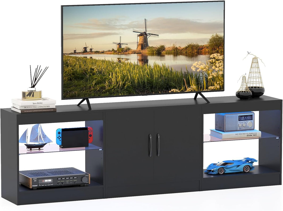 Meuble TV GYMAX, télécommande, 195 cm, verre, 85 pouces, 10 niveaux, éclairage LED, réglable, Noir