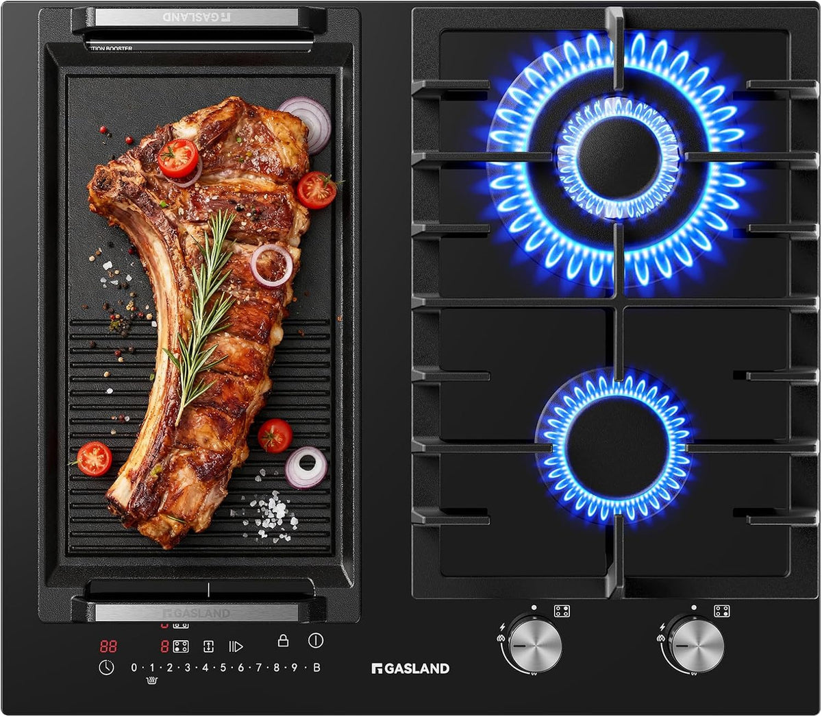 GASLAND GIH604BF Plaque de cuisson, Gaz 5200 W avec brûleur wok, Verre noir encastrable, Induction 3500 W avec fonction BBQ, 60 cm