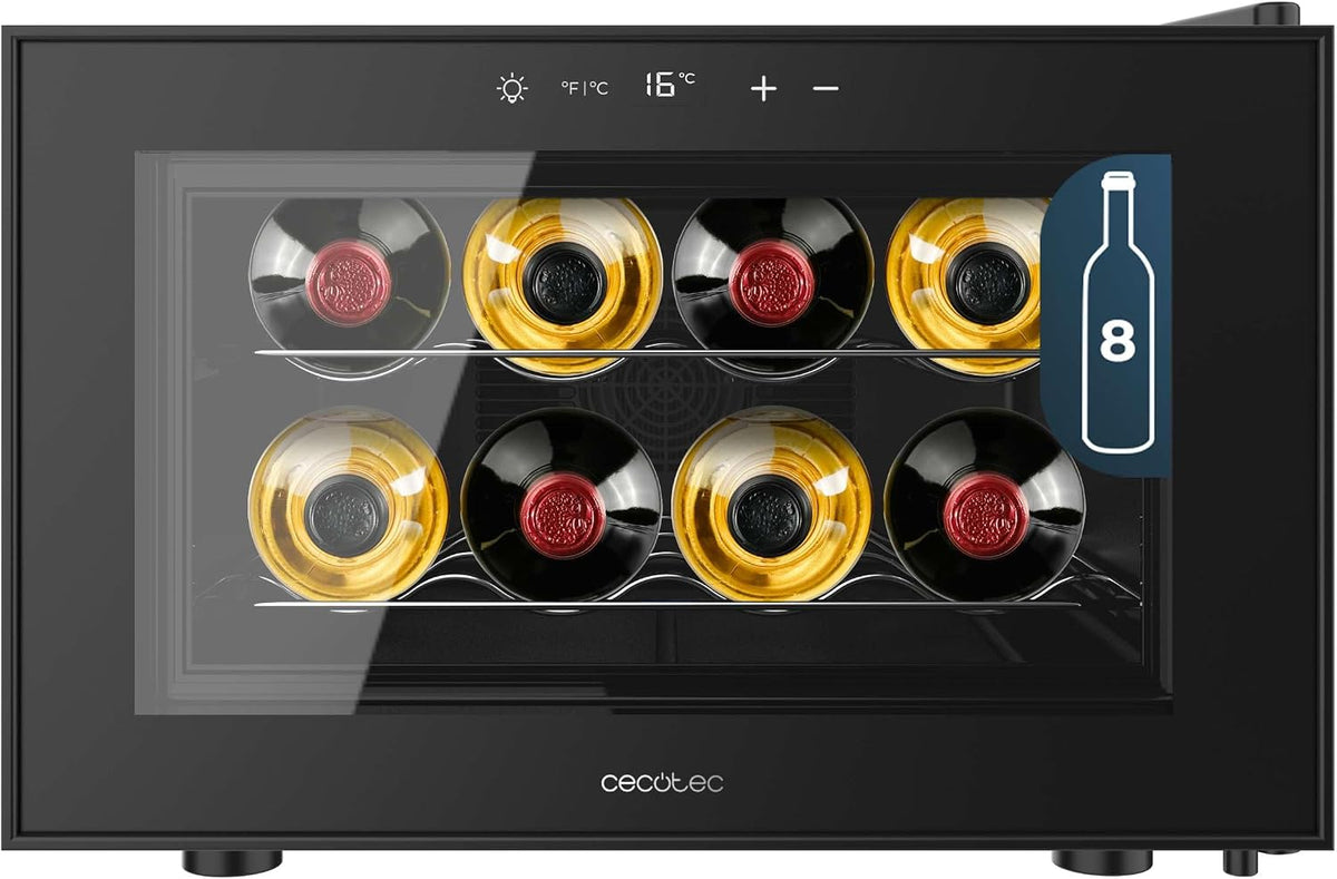 Cave à vin, éclairage LED, 35 dB, Cecotec, 800H 18oC, 8 Bouteilles, 35dB, Capacité 8 Bouteilles, Température 8 à 18oC, commande tactile, Noire