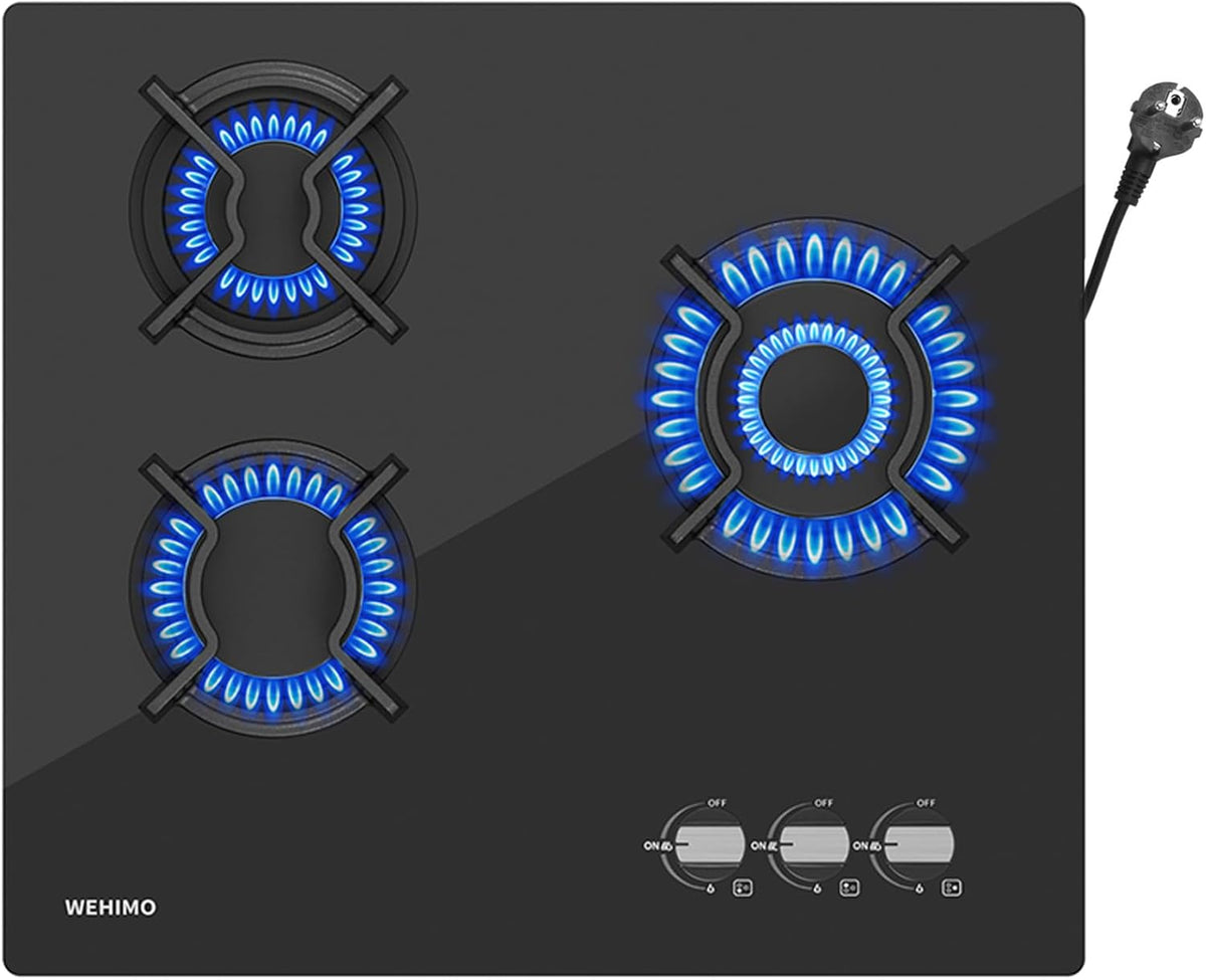 Plaque de cuisson WEHIMO, Verre Noir, 60 × 51 × 5, 5 cm, 60 cm, 51 cm, 56 cm, 48 cm, 240 V, 60cm, 7750W, 3 foyer, Plaque Gaz 3 Feuxs Encastrable