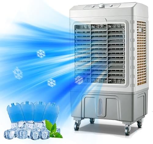 Climatiseur, Ventilateur portable écoénergétique pour Grandes pièces, 60 L, 3 Vitesses, 85 × 50 × 37 cm, 102 × 60 × 41 cm, réservoir d'eau