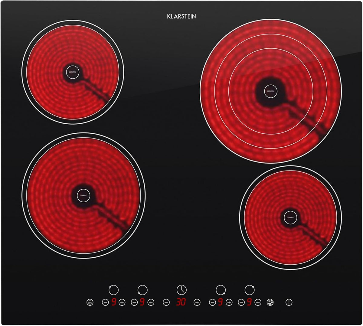 Plaque de cuisson KLARSTEIN, acier inoxydable, réglable, 9 niveaux, 6500W, 4 brûleurs, Plaque Vitrocéramique 4 Feux Encastrable de 6500W, verre