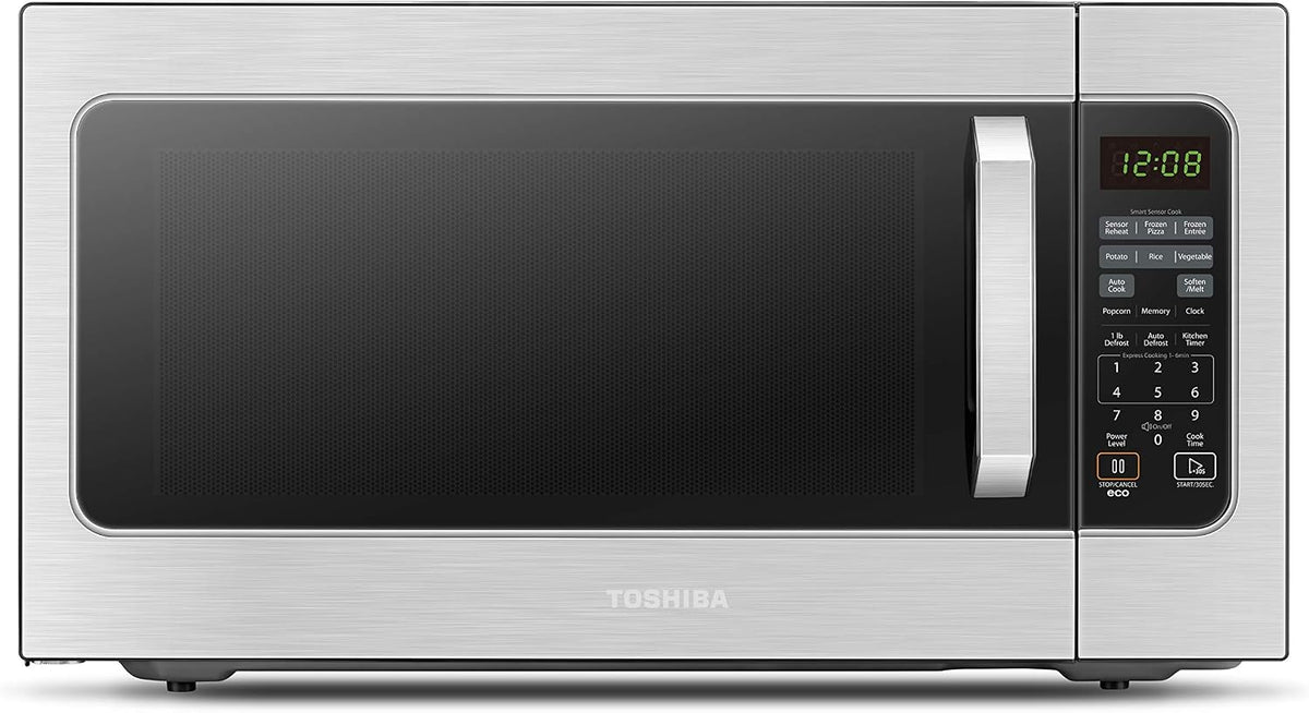Four micro-ondes, acier inoxydable, 13.6 pouces, TOSHIBA, 16.5 pouces, 10 niveaux, 1200W, 1700W, 2.2 pi3, minuterie, verre
