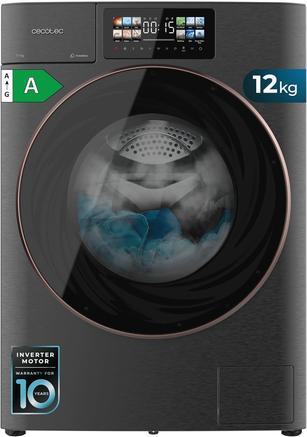 Cecotec Lave-linge, 1400 tr/min, réglable, 52 cm, 13 Programmes, Design Core Matrix écran 9, 2', fonction vapeur, Moteur Direct Drive