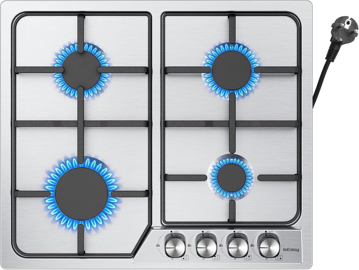 Plaque de cuisson IsEasy, 58.5 × 50.5 × 5, 5 cm, Plaque Gaz 4 Feux Inox, 56 × 48 cm, 7200W, 7, 2 kW, 2, 7 kW, 1, 75 kW, 1, 0 kW, 4 Brûleurs
