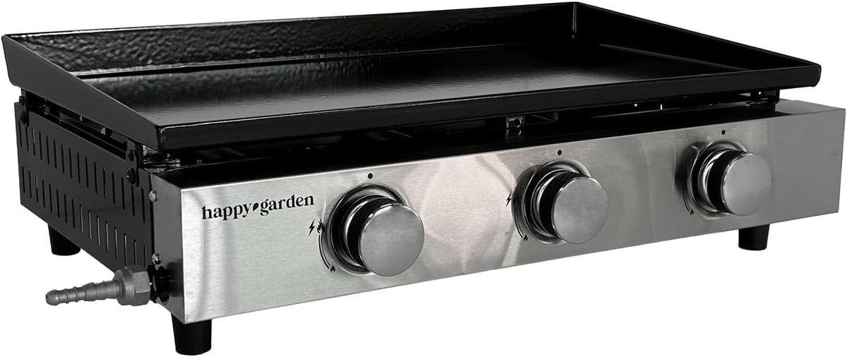 Plancha, Plaque en Acier Émaillé de 60 cm x 35 cm, Happy Garden, 6 KW, 3 Brûleurs, 19cm, 35cm, 3 Brûleurs 6 KW Butane/Propane, Noir