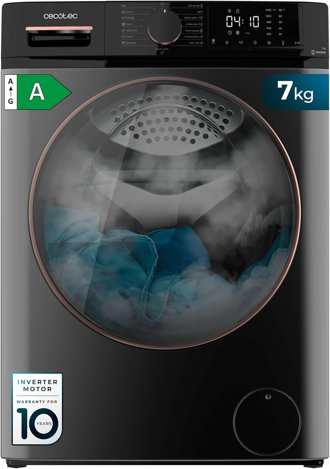 Lave-linge Cecotec, Avec fonction vapeur, 1400 tr/min, 7 Kg, Capacité de 7 Kg, 15 Programmes, moteur Inverter, Classe A