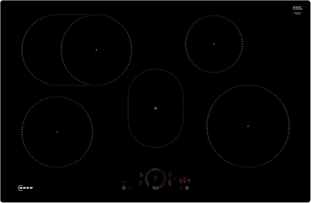 Plaque de cuisson Neff T58PHF1L0, Wi-Fi, 80 cm, 17 niveaux, 80 cm de large, niveau de puissance, réglable, minuterie, encastrable, noire