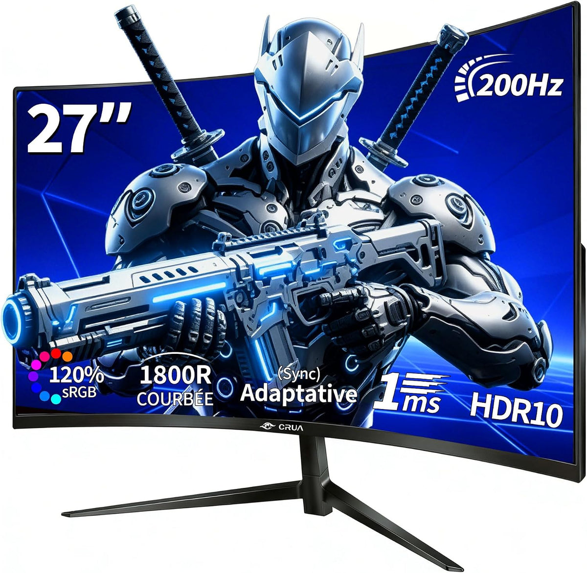 CRUA Moniteur PC, 1 ms GTG avec FreeSync, 27 Pouces, 100 mm, Gaming incurvé Écran 27 Pouces 200 Hz, 1080P 1800R, 180 Hz, réglable, portable
