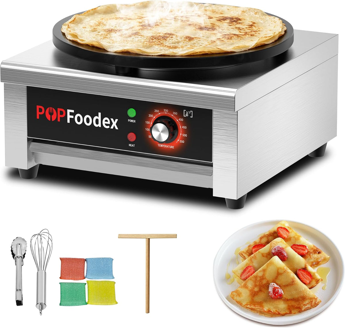 POPFOODEX Crêpière, réglable, acier inoxydable, 16 pouces, 1500W, 50°C, 300°C, réglage indépendant de la température