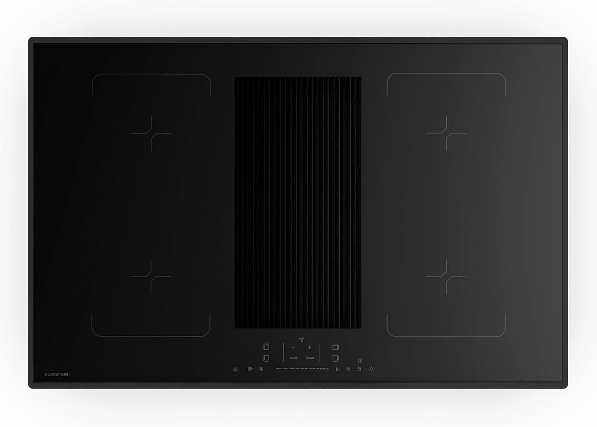 KLARSTEIN Plaque de cuisson, 8 400 W, Velaire Flex Plaque Induction Avec Hotte Intégrée, Verre Noir, 80cm, 8400W, 4 Zones, 597 m3/h