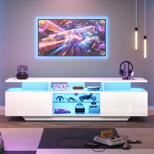 Meuble TV, télécommande, 160 cm, verre, Merax, 70 pouces, 160 × 40 × 45 cm, 3 étagères, 2 armoires, éclairage LED, portable, verre trempé