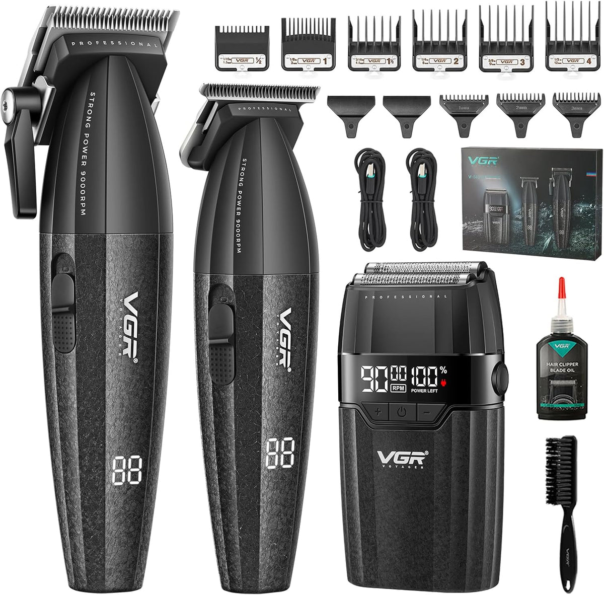 VGR 640S3 Kit de coiffure sans fil 3-en-1, tondeuse, finitions et rasoir à grille, jusqu'à 9 000 tr/min, noir