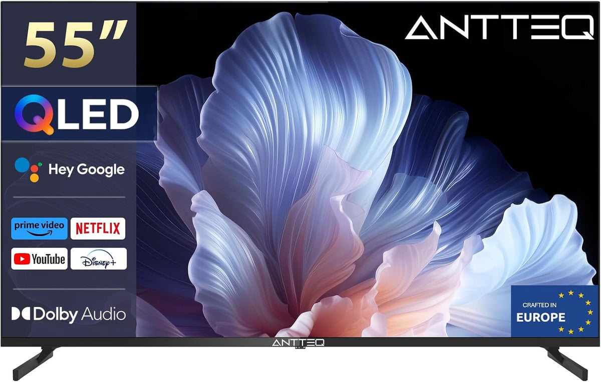 Antteq Q55-AGU1 Téléviseur, 55 Pouces, WiFi 2.4/5G Classe Énergétique F, 139 cm, Wi-Fi, Bluetooth, - Design sans Bord, QLED, HDR