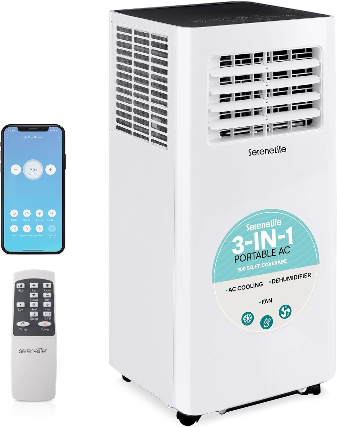 Climatiseur SereneLife, télécommande, 3 MODES, 1 Litre d'Humidité par Heure pour un Refroidissement Rapide jusqu'à 28 Mètres, 9K BTU, Élimine 1