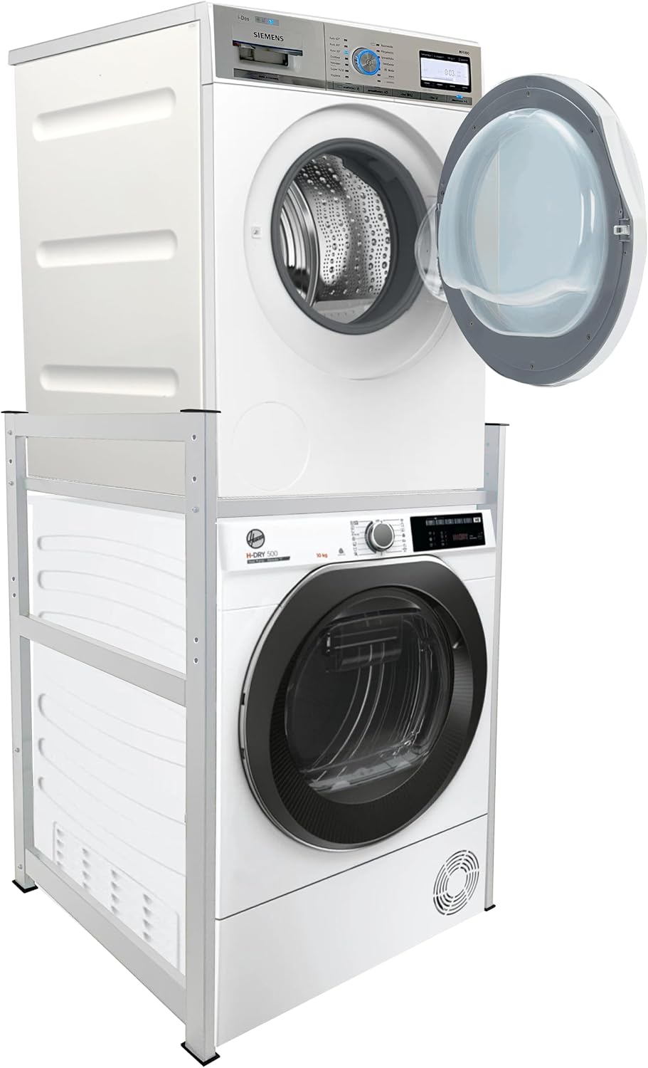 QUICK STAR Support superposable pour lave-linge et sèche-linge, 74 × 65 × 111 cm, hauteur réglable, acier blanc