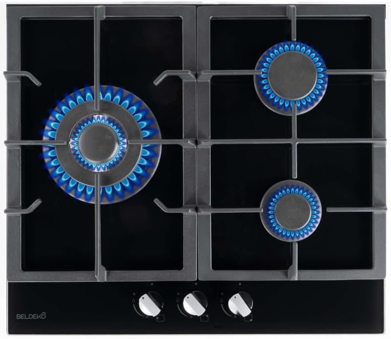 Plaque de cuisson BELDEKO, 60 cm, verre, 55, 2 × 47, 1 cm, 58 × 51 cm, 3 400 W, 6200 W, 4, 5 cm, 3 foyers, encastrable, Grilles Fonte