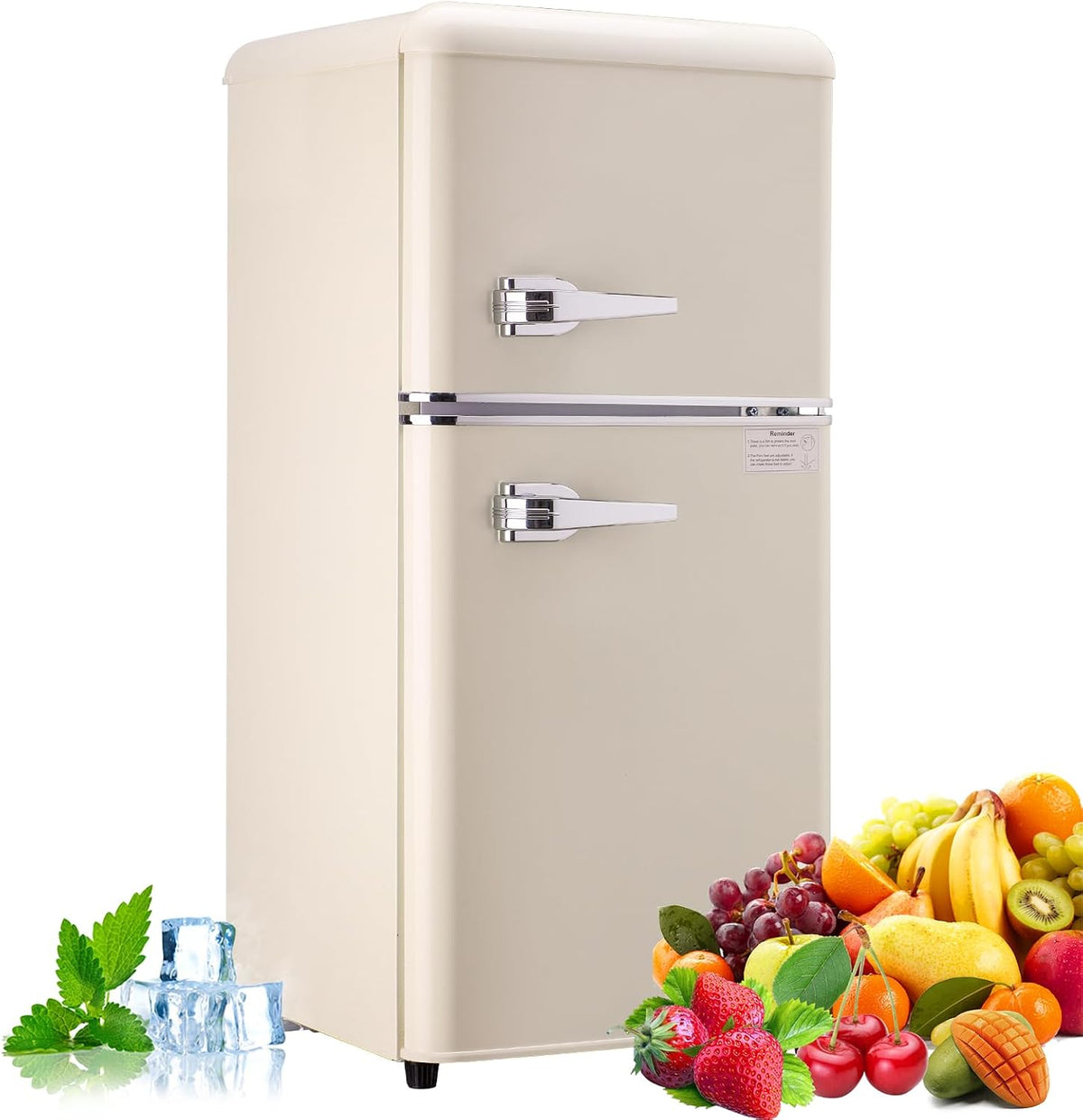Bodare Mini-réfrigérateur rétro 3,2 pi³ à deux portes avec congélateur 1,1 pi³, thermostat 7 niveaux, crème