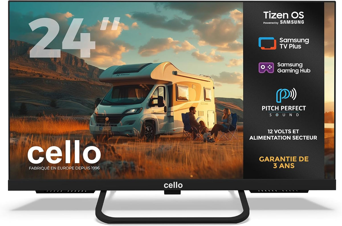 Cello CTRAV-24TZ Téléviseur, 24 Pouces, pour Camping-Car et Bateau, Bluetooth, 12 V, 230 V, éclairage LED, Tizen, Tizen OS de Samsung