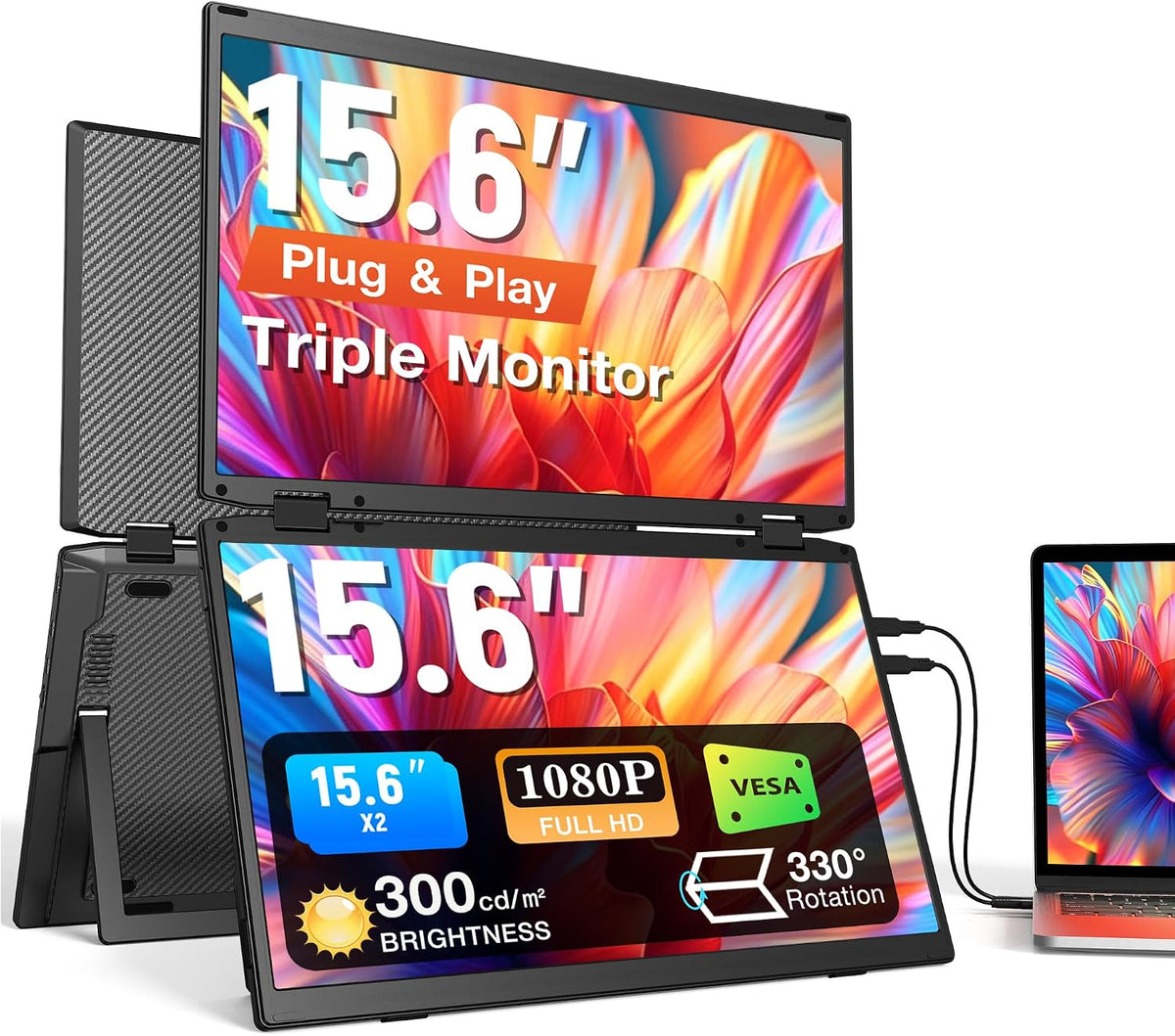Bunosdias Moniteur PC, Extension d'Écran USB-C FHD 1080P IPS, 21 pouces, Kwumsy Double Écran portable 15, 6' pour PC portable, prêt à l'emploi