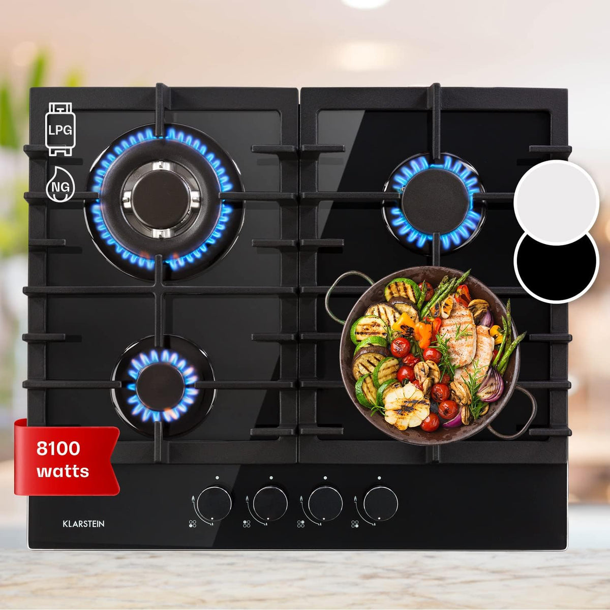 KLARSTEIN Plaque de cuisson, 8100W, Cuisiniere Gaziniere avec Brûleurs en Acier Inoxydable, 4 Brûleurs, 8, 1 kW, encastrable, Cuisinières GP