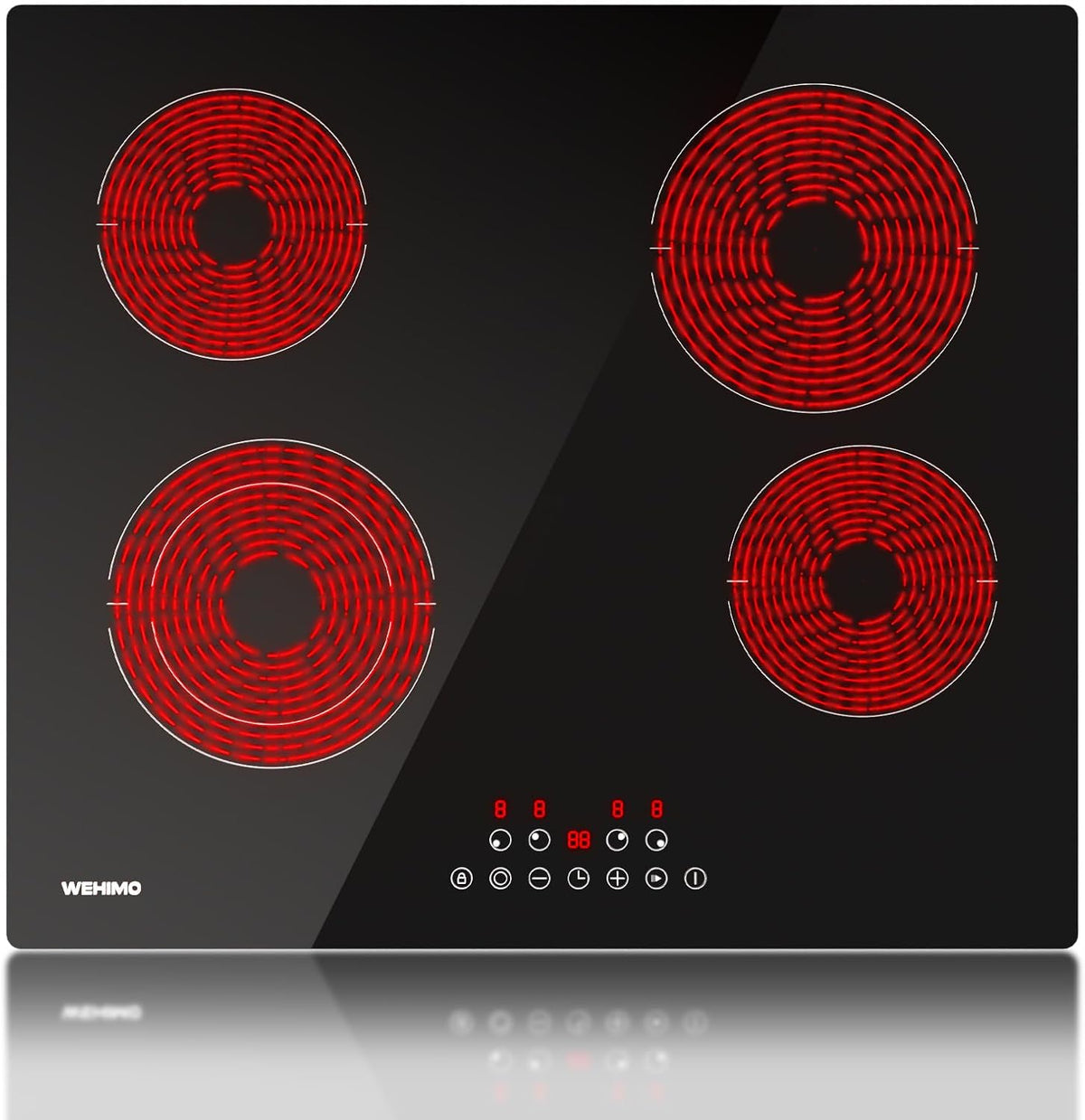 WEHIMO Plaque de cuisson, 59 cm, 9 Niveaux, 9 Niveaux de Chaleur, 6600W, 240V, 60Hz, 2200W, 1200W, 2000W, 4 foyers, minuterie