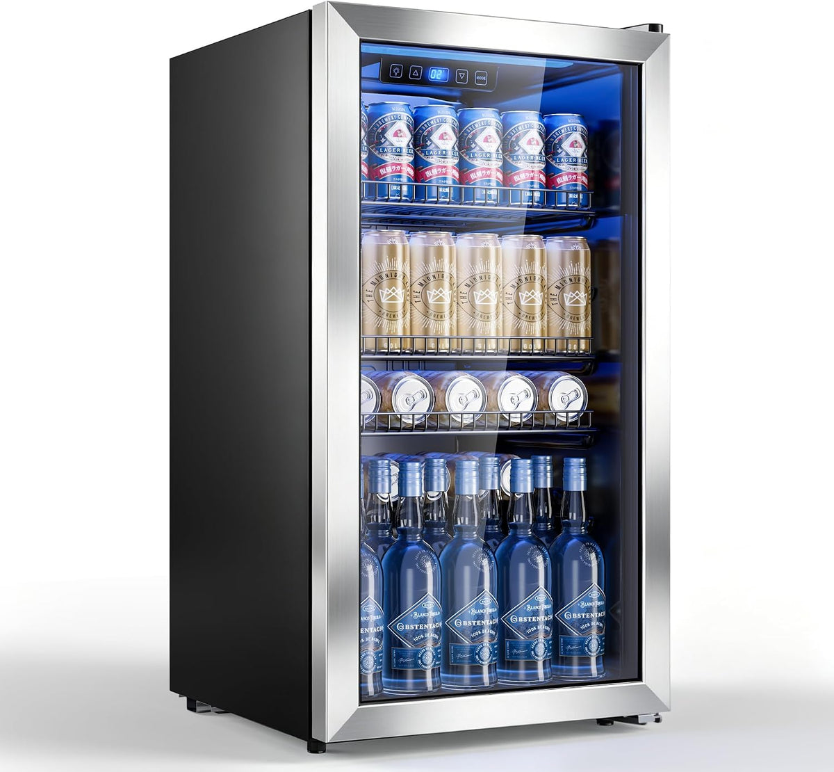Réfrigérateur à boissons, Porte en Verre avec Cadre Argenté, Étagères Réglables pour Bières, 90L, TRIUMPHKEY, 18°C, Capacité de 128 Cannettes