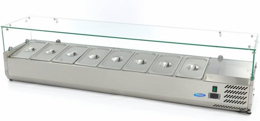 Réfrigérateur de présentation Maxima, réglable, 180 cm, acier inoxydable, 5 cm, Vitrine réfrigérée à poser largeur 180 cm, 8 bacs GN 1/3