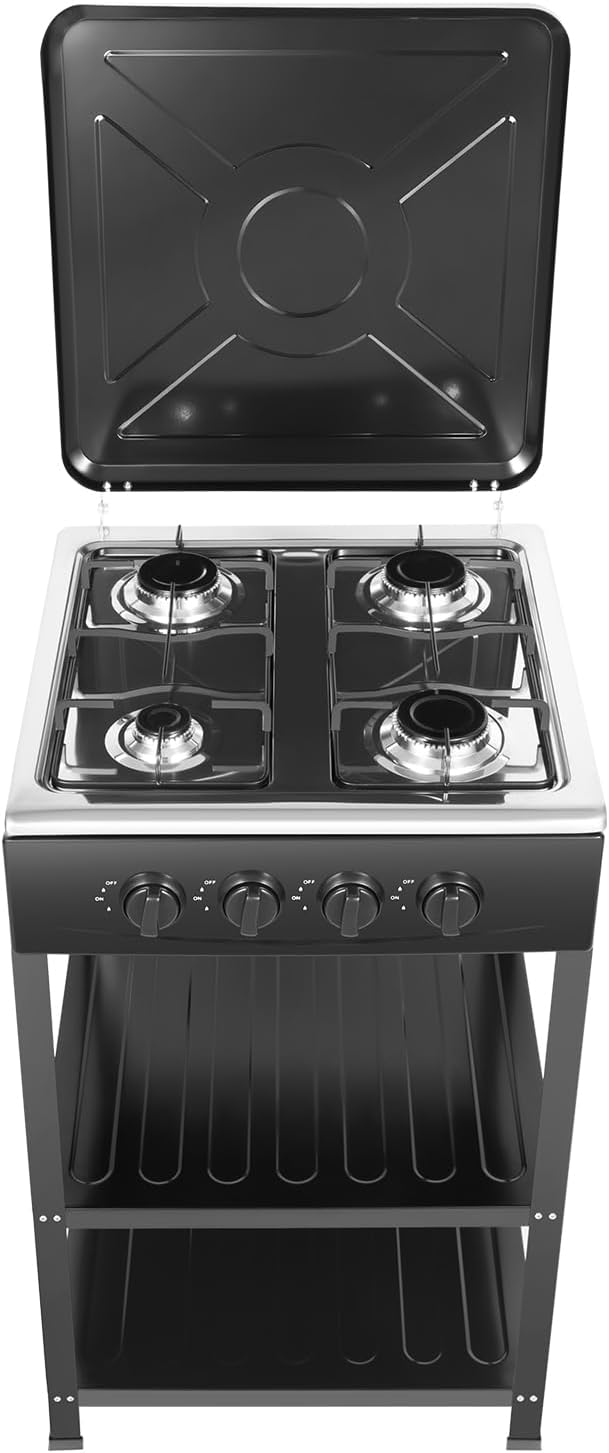 Cuisinière, Pour camping, Plaque de cuisson à gaz à 4 feux avec support antidérapant, 49 × 49 × 79 cm, Donened, 4 brûleurs, noir, pose libre